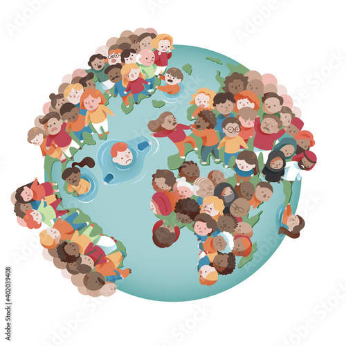 Representative illustration of overpopulation on planet earth. The planet earth is overflowing with population on all continents.
