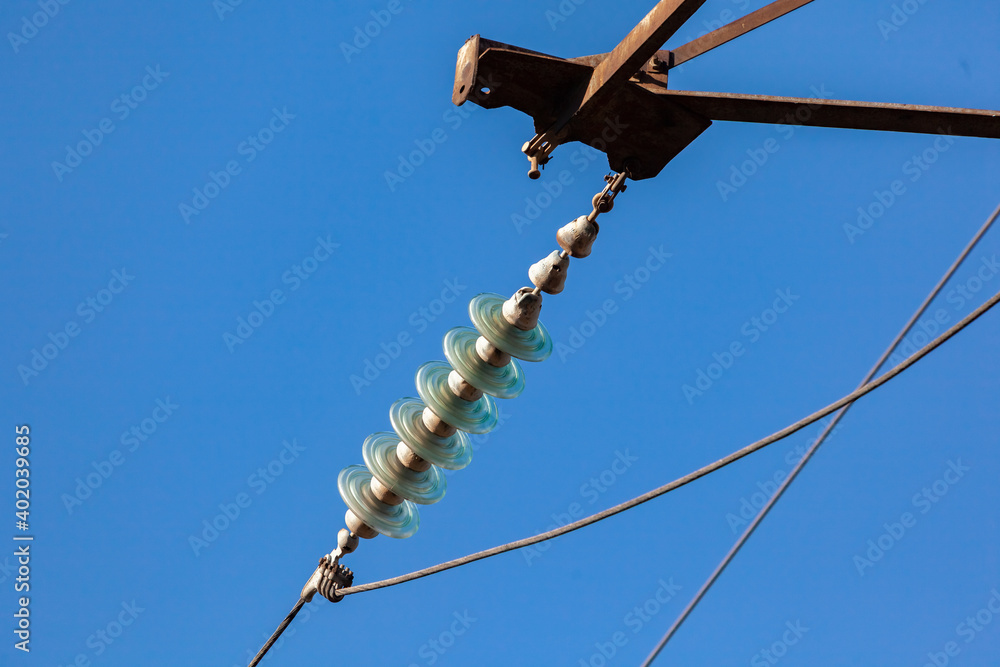 Power lines on metal poles with powerful power wires Power lines on metal poles with powerful power wires