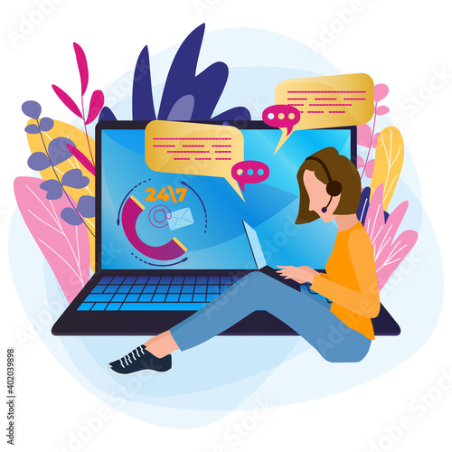Woman hotline operator advises customers, global round the clock online technical support, customer service.