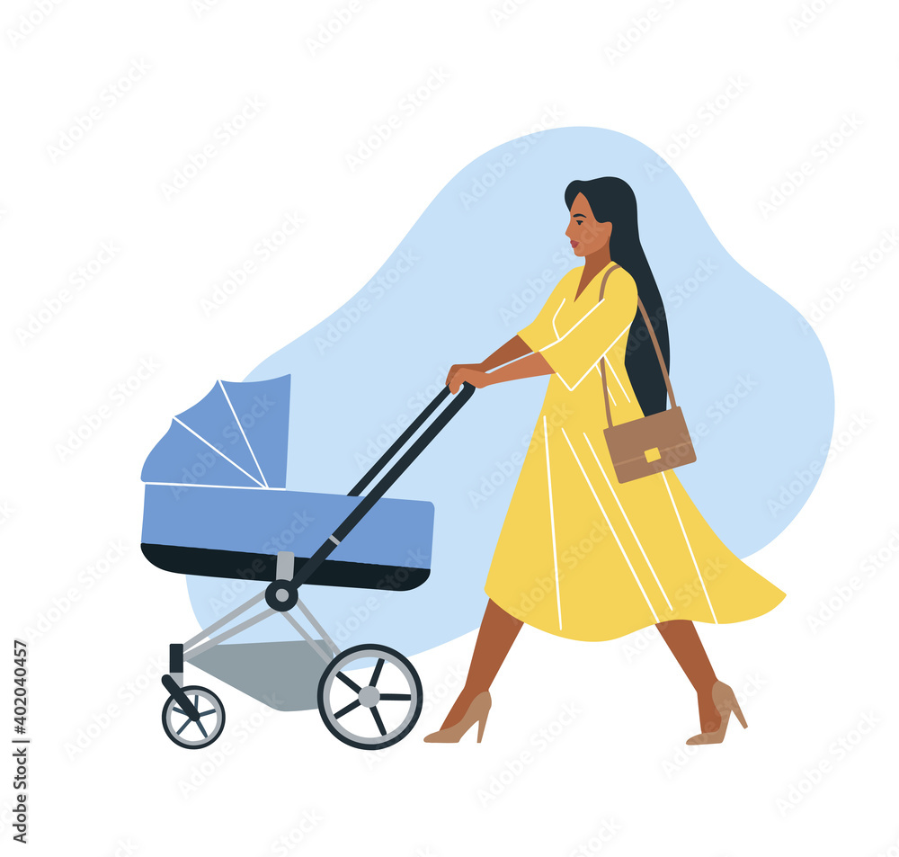 Femininity and motherhood. Young mother with a stroller for a walk. Elegant girl driving a stroller Femininity and motherhood. Young mother with a stroller for a walk. Elegant girl driving a stroller