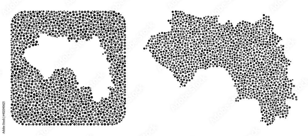 Map of French Guinea mosaic formed with circle points and subtracted space. Vector map of French Guinea mosaic of spheric dots in various sizes and grey shades. Designed for abstract applications.