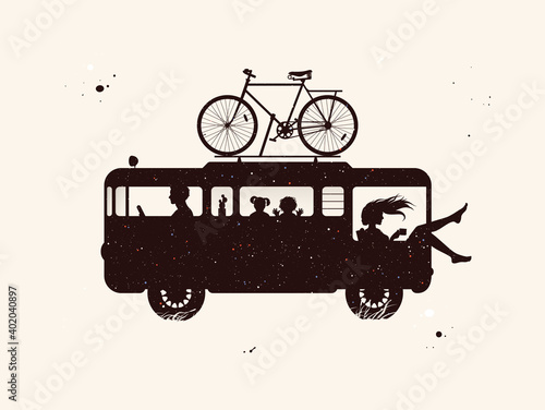 Car silhouette. People in camper. Family road trip. Night starry sky