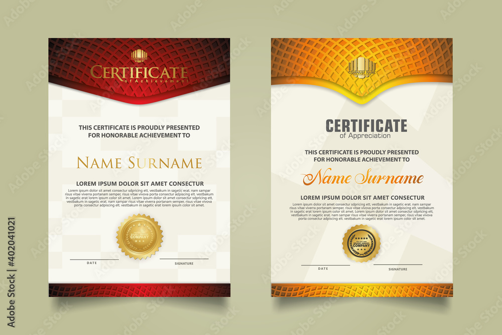 Set vertical and horizontal certificate template with lines circle pattern and wave checkered lines pattern ornament. Diploma. Vector illustration