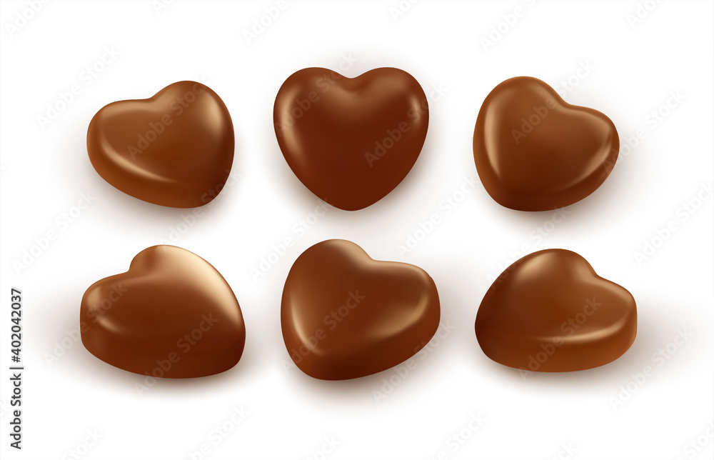 Set of realistic heart shaped chocolates isolated on white background. Festive design element for Happy Valentines Day. Vector illustration Set of realistic heart shaped chocolates isolated on white background. Festive design element for Happy Valentines Day. Vector illustration