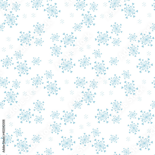 Subtle vector seamless pattern with abstract snowflakes and tiny hearts. Doodle style minimalist background. Blue and white texture. Elegant minimal repeat design for decor, print, wrap, wallpapers