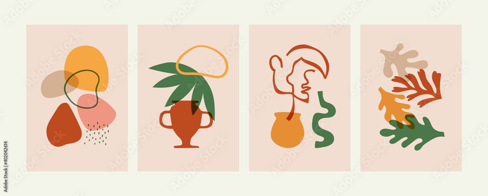 Set of abstract matisse art style composition. Natural summer plants, woman face and organic shapes in soft earth colors. Summer illustration set. Set of abstract matisse art style composition. Natural summer plants, woman face and organic shapes in soft earth colors. Summer illustration set.