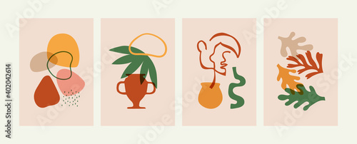 Set of abstract matisse art style composition. Natural summer plants, woman face and organic shapes in soft earth colors. Summer illustration set.