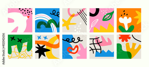 Set of colorful abstract art banner collection. Big bundle of eye catching flat cartoon illustrations, simple basic freehand shapes. Childish artwork for children or cubism inspired project.