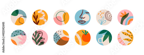 Set of matisse art circle icons on isolated background. Natural summer plants and organic shapes collection for social media story, blog post or highlight symbol. Abstract summer decoration bundle.