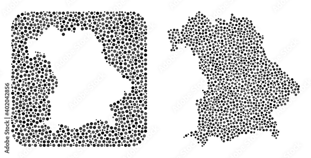 Map of Bavaria State collage created with circle dots and hole. Vector map of Bavaria State collage of dots in various sizes and silver color tinges. Designed for education propaganda.