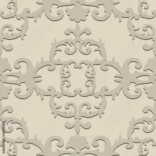 Seamless baroque style damask ornamental pattern. Paper cut art craft beige texture