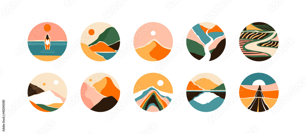 Set of abstract mountain landscape circle icon collection. Trendy flat collage art style dots of diverse travel scenery for social media story highlight. Nature environment biomes, multicolor hills. Set of abstract mountain landscape circle icon collection. Trendy flat collage art style dots of diverse travel scenery for social media story highlight. Nature environment biomes, multicolor hills.
