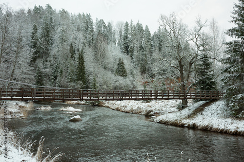 City Cesis, Latvia.River Amata at winter,  trees and snow. photo