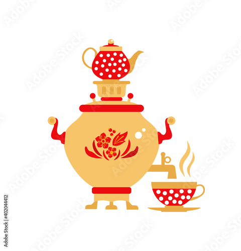 Vintage tea Samovar self-boiler heated metal container traditionally used in Russia. Vector illustration in cartoon style isolated on white.