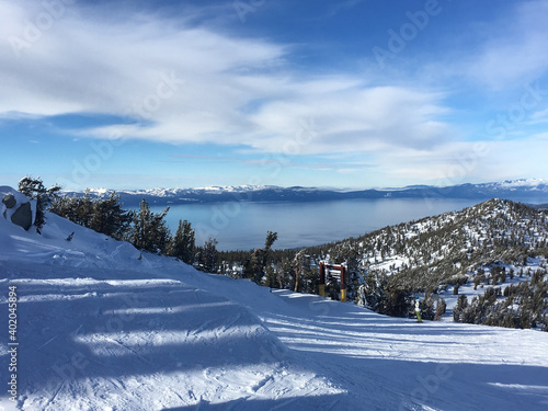 Landscape views of Lake Tahoe from a ski resort, on a cloudy winter day