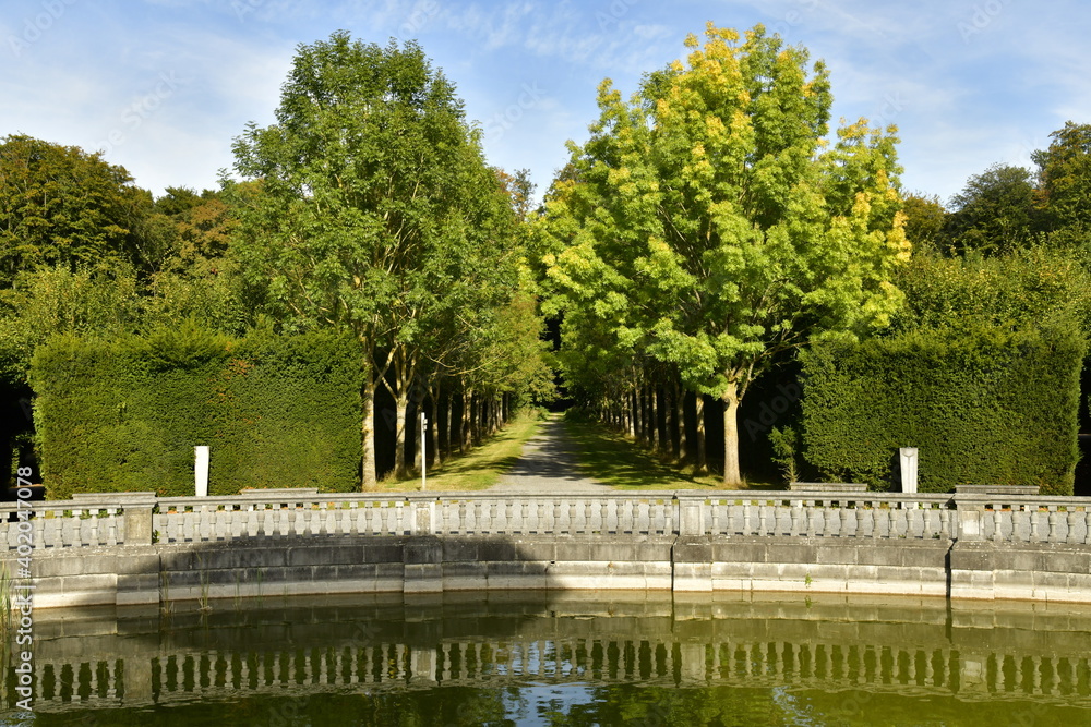 Deux rangées d'arbres le long d'une allée au Jardin du Pavillon des Sept Etoiles au parc d'Enghien en Hainaut !