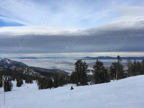 Carson valley views from a ski resort on a cloudy winter day in Tahoe