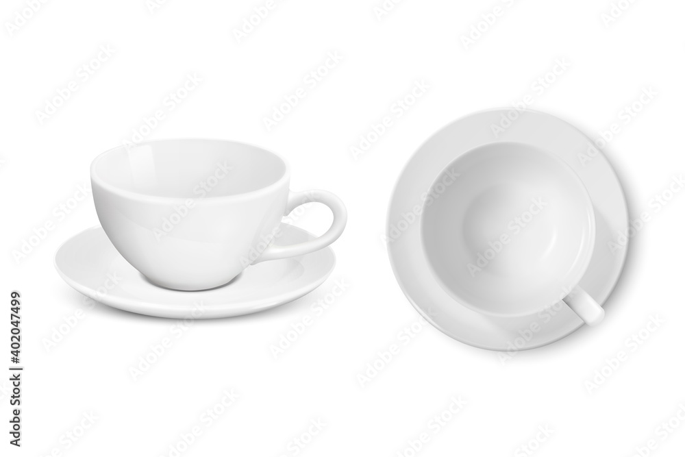Vector 3d Realistic White Porcelain Empty Ceramic Mug with Saucer Set Isolated on White Background. Tea, Coffee, Capuccino, Latte Cup. Vector illustration. Design Template for Mockup. Front, Top View Vector 3d Realistic White Porcelain Empty Ceramic Mug with Saucer Set Isolated on White Background. Tea, Coffee, Capuccino, Latte Cup. Vector illustration. Design Template for Mockup. Front, Top View