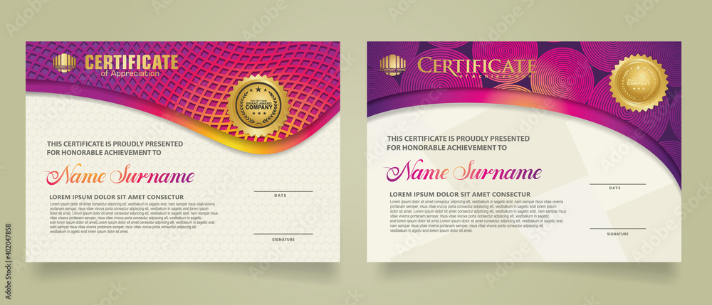 set elegant and futuristic certificate template with lines circle pattern and wave checkered lines pattern ornament. Diploma. Vector illustration