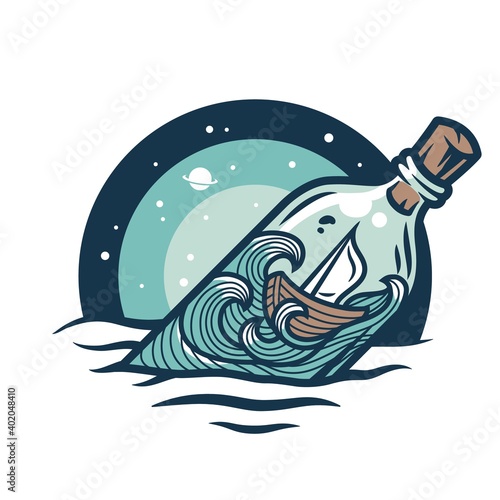 Marine boat swing on the waves inside the bottle at starry sky space. Nautical wanderlust and adventure illustration