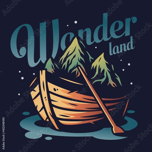 Marine sea boat and mountain on waves. Nautical wanderlust and adventure illustration. Travel logo