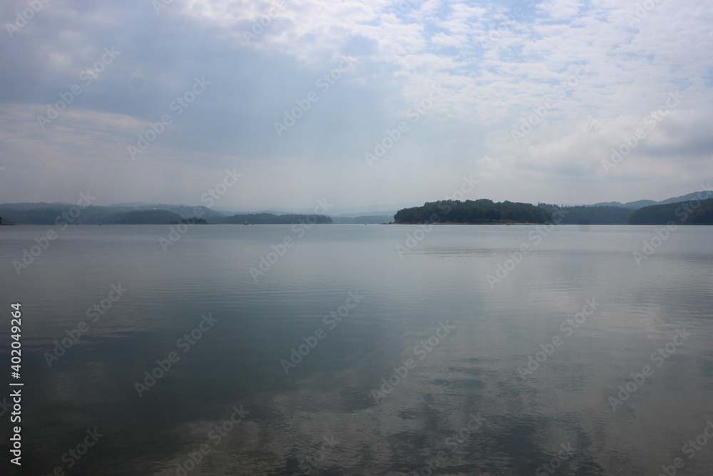 Looking at the surface of a large and beautiful mountain lake