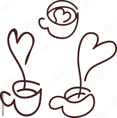 Single line doodles of coffee or tea cups with hearts and a milk caffeine drink with romantic latte art. Love in every mug of hot beverage for Saint Valentine Holiday or other significant date.