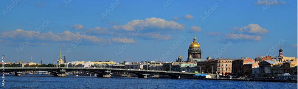 Panoramic view of St. Isaac's Cathedral and Russia Bridge St. Petersburg 19.08.2020. High quality photo