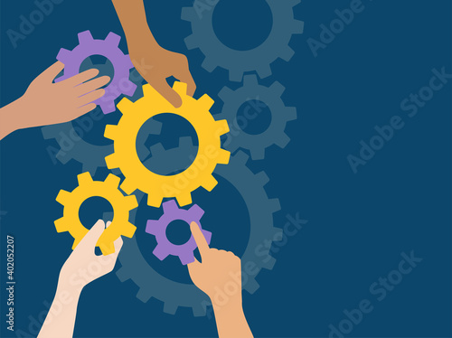 Cartoon hands joining gears into single mechanism