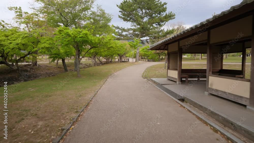 Walk at empty path of Nara park, trees around, small open pavilion near way. First person view camera move forward. Popular place without visitors at late evening time Walk at empty path of Nara park, trees around, small open pavilion near way. First person view camera move forward. Popular place without visitors at late evening time