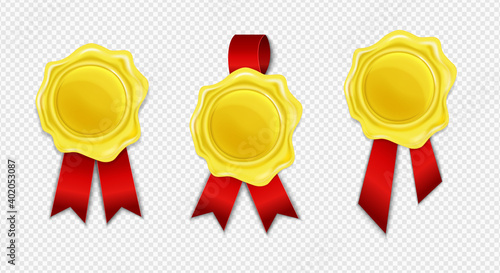 Collection of golden wax seal with red ribbon isolated on white background. Realistic round retro stamp for document, envelope, letter or banner. Concept of quality, guaranty mark. Vector illustration