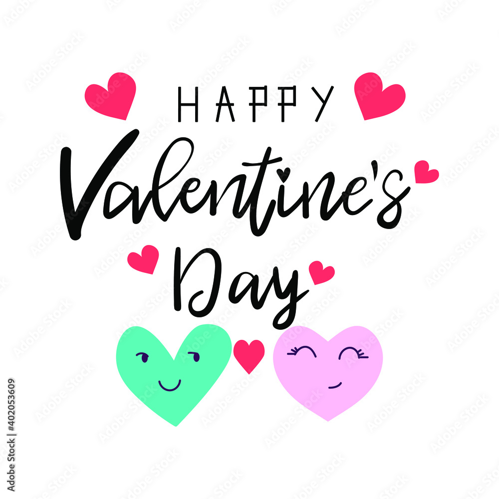 Happy Valentines Day typography poster with handwritten calligraphy text and cartoon heart couple, isolated on white background. Vector Illustration with love concept. Eps10. Easy to use. Copy paste. 