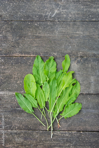 Sorrel leaves on an old wooden table. Flat lay.