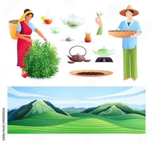 Natural Tea Production Flat Set
