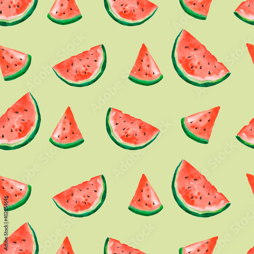 Fototapeta Naklejka Na Ścianę i Meble -  Watercolor seamless pattern with watermelons. Summer fruits repeating fruit pattern