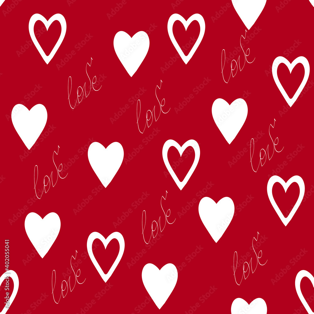 Seamless pattern with hand drawn hearts and words Love,template for birthday,Valentine decoration,romance print,can be used for wallpaper,background,wrapping paper,cover,fabric design,postcard