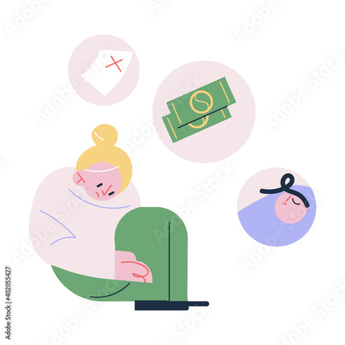 Unemployed woman suffering feeling unable to find job to have money and feed small baby