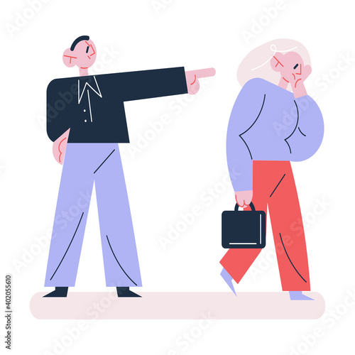 Unhappy young woman worker getting dismissal from boss pointing away with finger