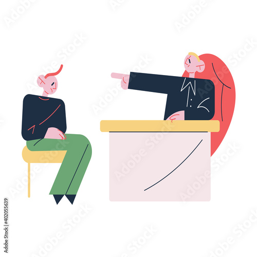 Unhappy young man office worker sitting and getting dismissal from angry boss