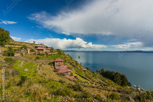 View of Titicaca Lake from Taquile Island in the peruvian Andes at Puno Peru