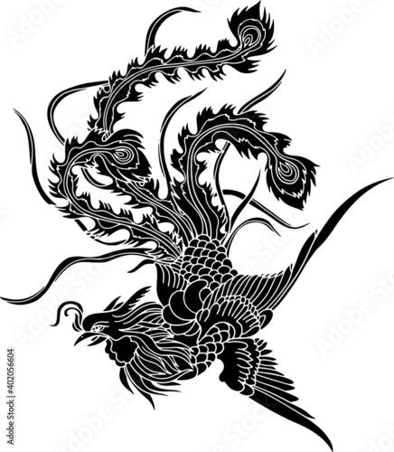 Flying fantasy mythical phoenix fire bird black vector stencil illustration