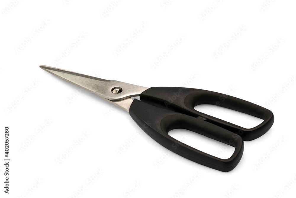 kitchen scissors made of white metal with black plastic handles, isolate on a white background