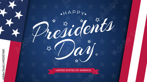 USA Presidents Day greeting card with blue background in United States national flag colors and hand lettering text Happy Presidents Day. Vector illustration.
