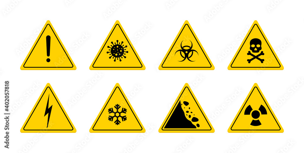 Sign of danger. Triangle sign for caution. Icon of toxic, skull, poison, biohazard, virus, electric voltage and radiation. Logo for safety. Signal of warn on yellow background. Symbol of risk. Vector Sign of danger. Triangle sign for caution. Icon of toxic, skull, poison, biohazard, virus, electric voltage and radiation. Logo for safety. Signal of warn on yellow background. Symbol of risk. Vector
