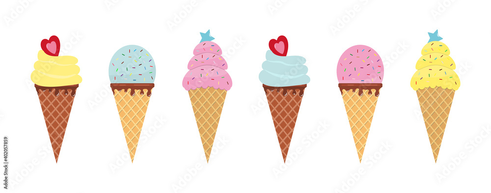 Icecream in waffle cone. Cute popsicle. Set of ice cream for summer. Icon of gelato with vanilla, chocolate and fruit. Cartoon food for vacation. Design collection of freeze dessert for fun. Vector Icecream in waffle cone. Cute popsicle. Set of ice cream for summer. Icon of gelato with vanilla, chocolate and fruit. Cartoon food for vacation. Design collection of freeze dessert for fun. Vector