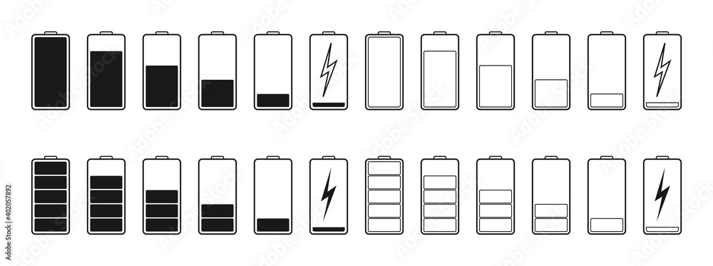 Battery icons. Full or low charge of phone. Symbol of charger. Power of mobile lithium accumulator. Recharge capacity of battery. Indicator of energy in smartphone. Empty cell of charge. Vector Battery icons. Full or low charge of phone. Symbol of charger. Power of mobile lithium accumulator. Recharge capacity of battery. Indicator of energy in smartphone. Empty cell of charge. Vector