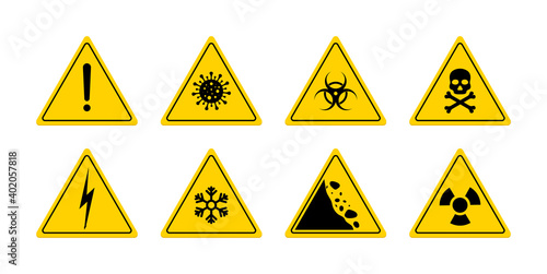 Sign of danger. Triangle sign for caution. Icon of toxic, skull, poison, biohazard, virus, electric voltage and radiation. Logo for safety. Signal of warn on yellow background. Symbol of risk. Vector