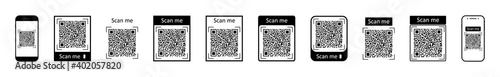 QR code for scan with mobile. Icons of barcode for phone scanner. Digital bar of logo with scan to me. Black qrcode for pay on white background. Coupon for discount. Symbol of marketing. Vector