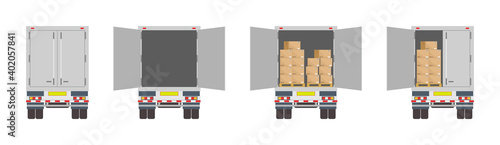 Truck of logistic. Back of delivery van. Open and closed door of container with boxes. Cargo in truck for transportation and export. Car for delivery of good from warehouse. Cartoon lorry. Vector.