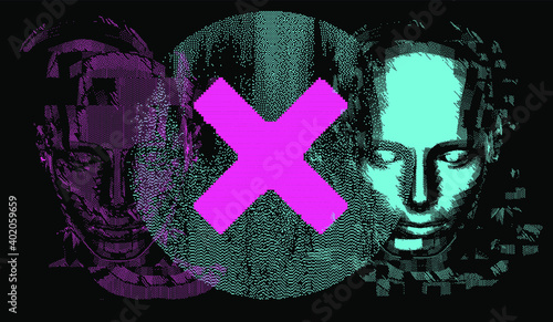 Head silhouette made of pixels and particles. Vector illustration in retrowave cyberpunk style like in old computer graphics of 80s years.